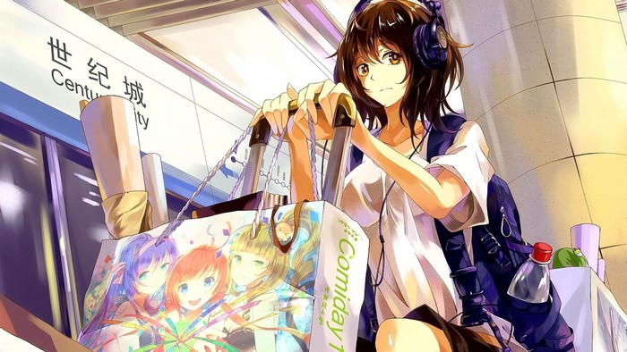 Anime girl with headphones and shopping bags