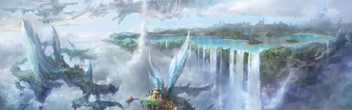 Fantasy floating islands with waterfalls and clouds