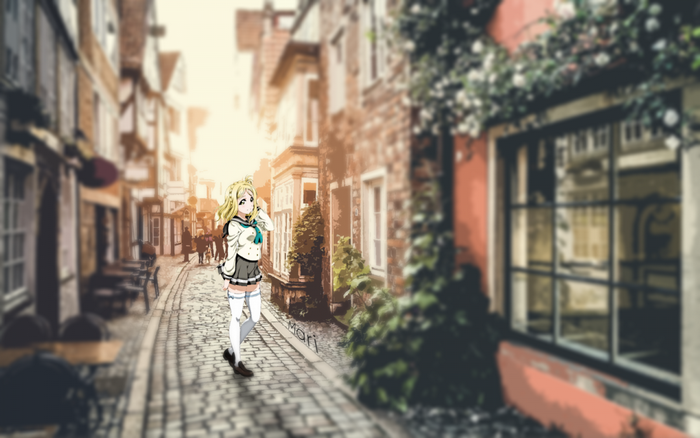 Mari from Love Live walking down a cobblestone street