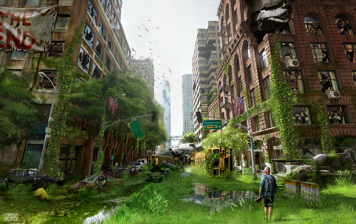 Post-apocalyptic cityscape overgrown with nature