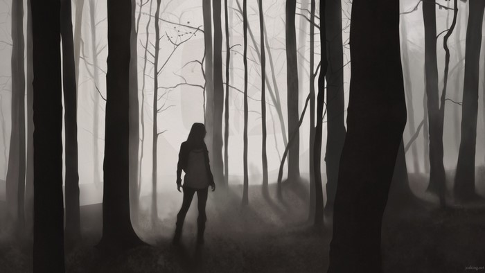 Person walking in a dark, misty forest
