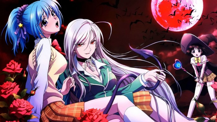 Moka Akashiya, Kurumu Kurono, and Yukari Sendo from Rosario + Vampire