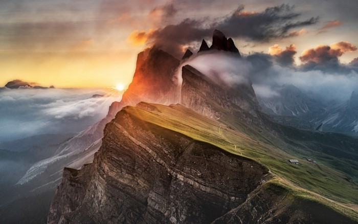 Sunrise over the Dolomites mountains at Seiser Alm