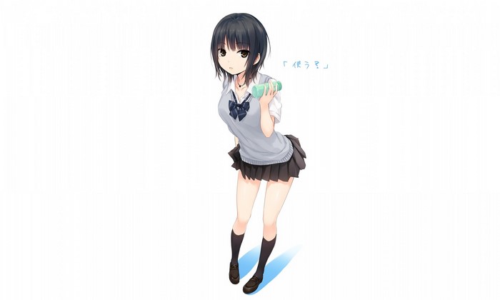 Anime girl in school uniform holding a bottle