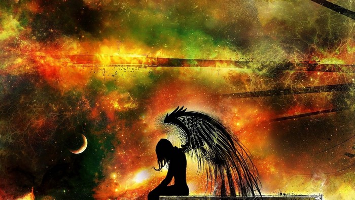 Angel with black wings in space