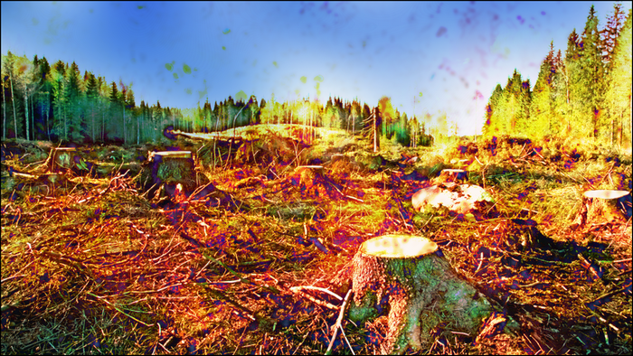 Deforested landscape with tree stumps and sunlight