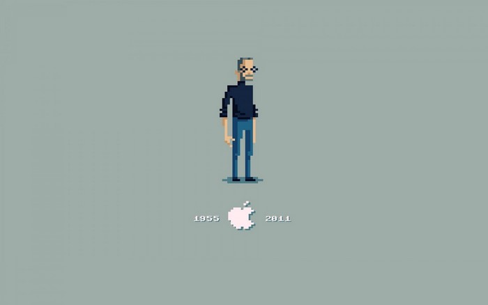 Steve Jobs pixel art with Apple logo and dates
