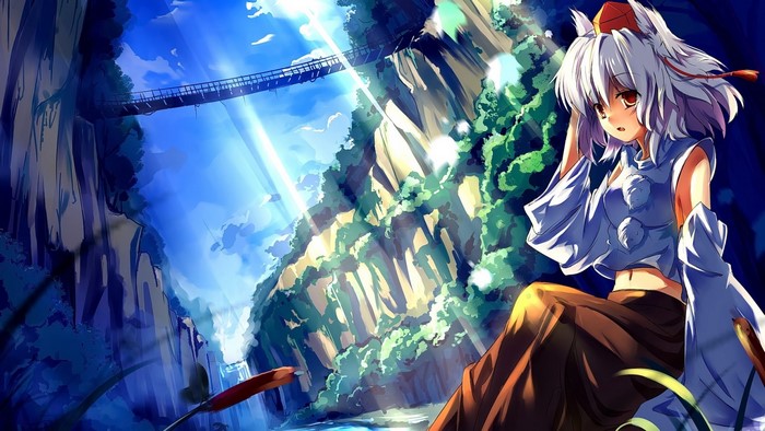 Inubashiri Momiji from Touhou in a mountain landscape