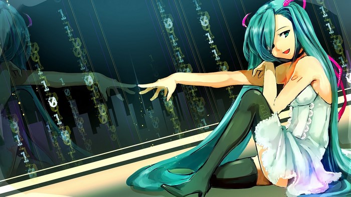 Hatsune Miku sitting with binary code background