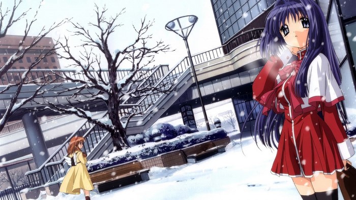 Two anime girls in a snowy city street