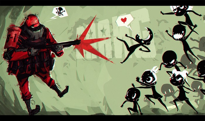 Soldier firing at cartoonish figures