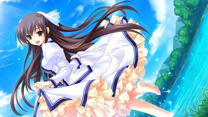 Anime girl with long brown hair by a river
