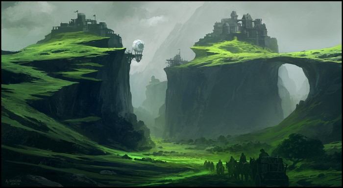 Fantasy landscape with castles and a valley