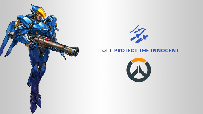 Pharah from Overwatch with quote and logos
