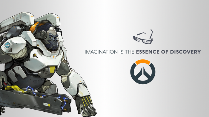 Winston from Overwatch with quote and logo