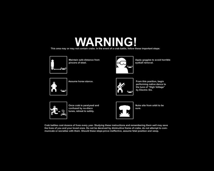 Warning about crab battles with instructions