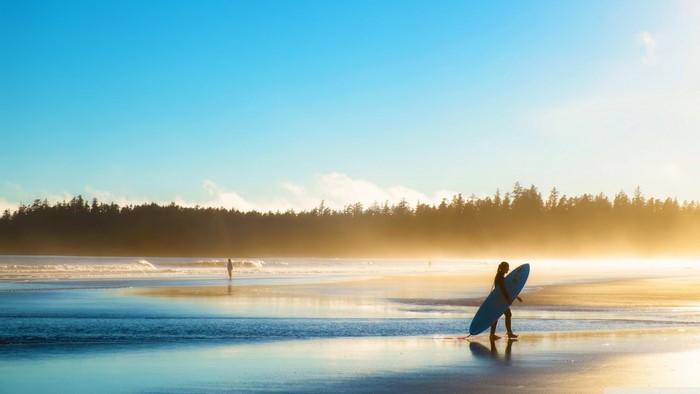 Surfer walking on beach at sunrise with forest background