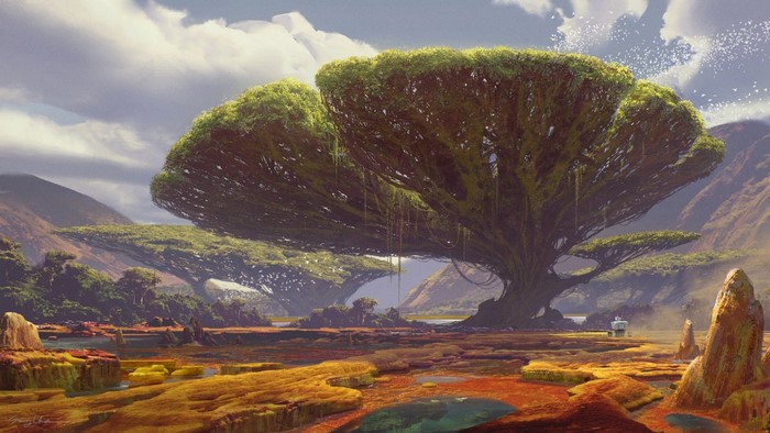 Alien landscape with giant trees and mountains