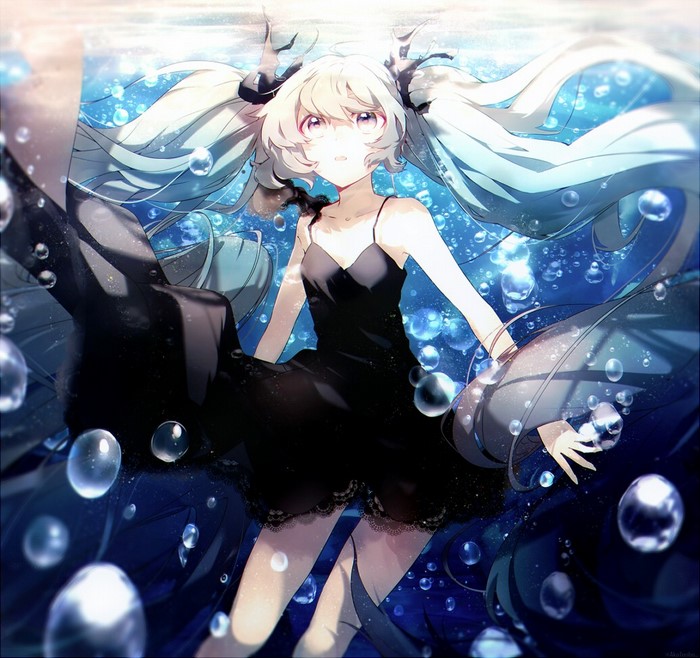 Hatsune Miku from Vocaloid underwater in a black dress