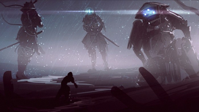 Three armored figures and a person in the rain