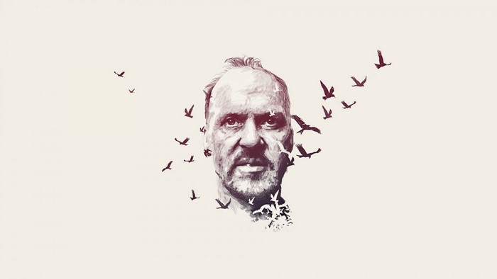 Illustration of a man with birds flying around him