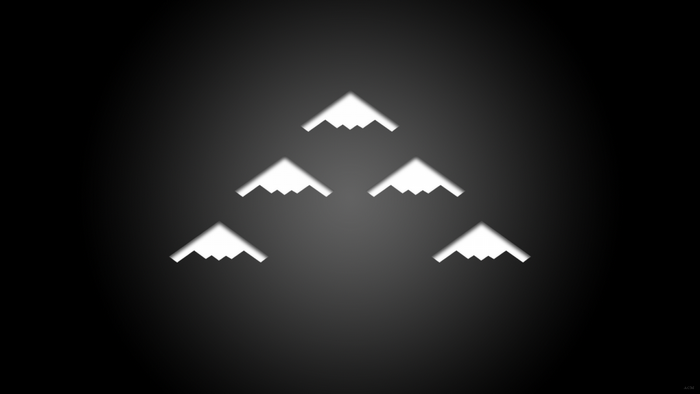 Minimalist illustration of five white stealth bomber shapes on a dark gradient background