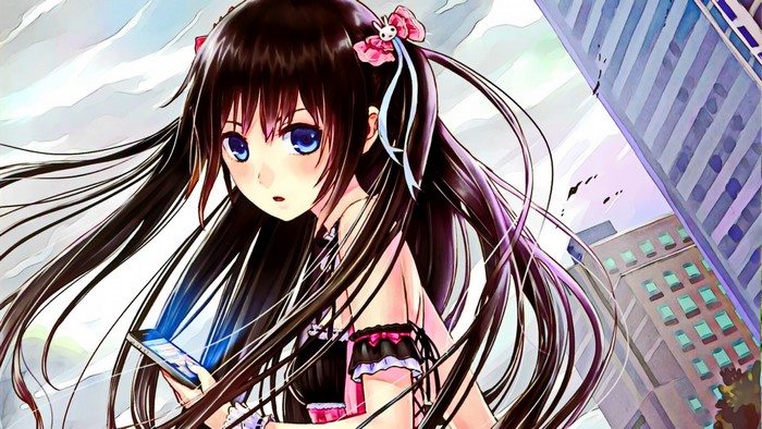 Anime girl with long black hair holding a smartphone