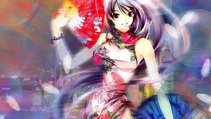 Anime girl in a floral dress holding a fan