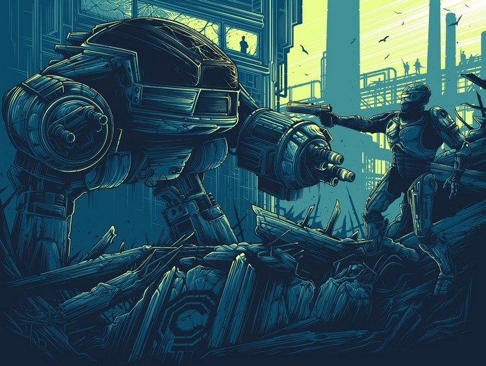 RoboCop vs. ED-209 in a ruined industrial city