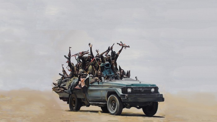 Cookie Monster and armed figures in a military vehicle