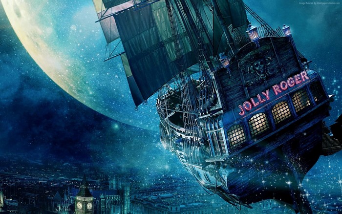 The Jolly Roger flying over London at night