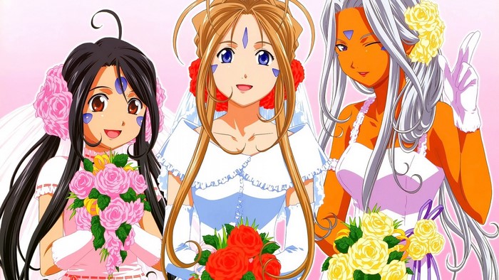 Three anime girls in wedding dresses with bouquets