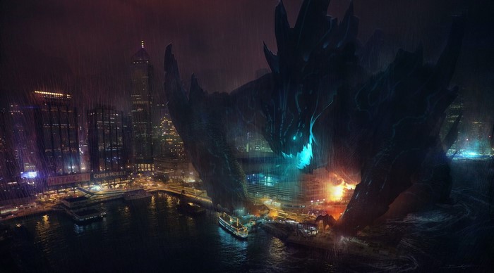 Kaiju attacking a city at night in the rain