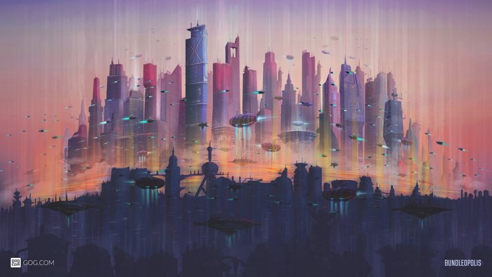 Futuristic city skyline with flying vehicles at dusk