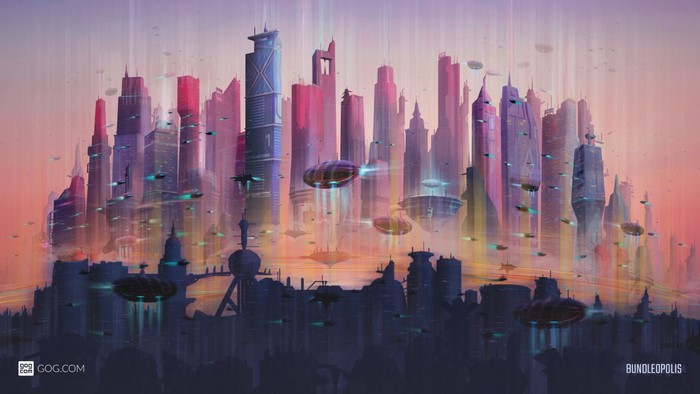Bundleopolis futuristic cityscape with flying vehicles