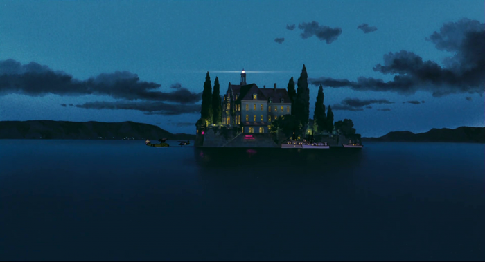 Porco Rosso island mansion with lighthouse at dusk
