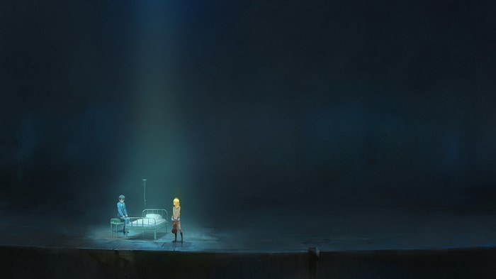Couple in a dark room with a hospital bed