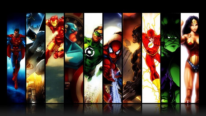 Superman, Batman, Iron Man, Captain America, Green Lantern, Spider-Man, Wolverine, Flash, Hulk, Wonder Woman