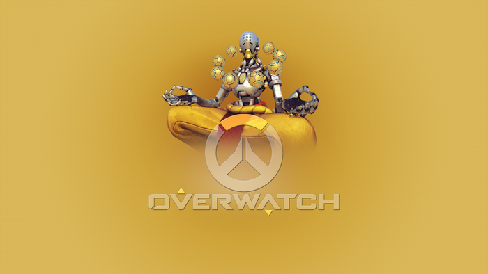 Zenyatta from Overwatch with game logo