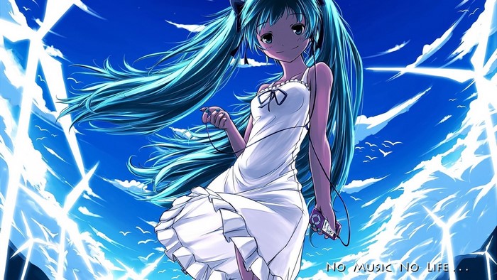 Anime girl with aqua hair listening to music