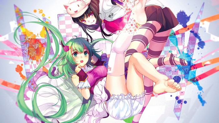 Two anime girls with green and black hair