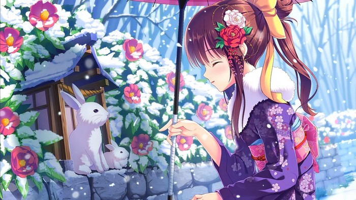 Anime girl in kimono with rabbits in snow