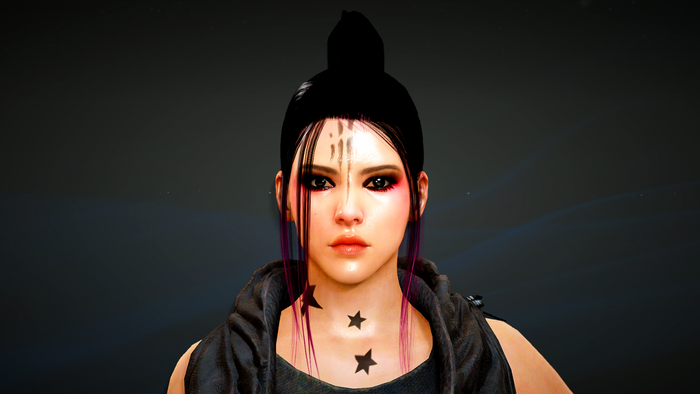 Woman with dark hair and star tattoos from Black Desert