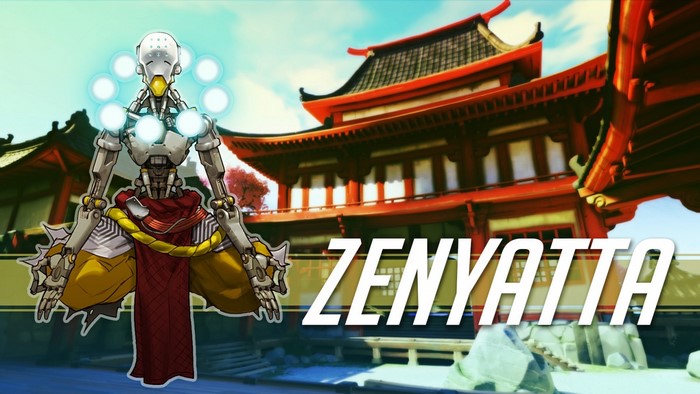 Zenyatta from Overwatch in front of a temple