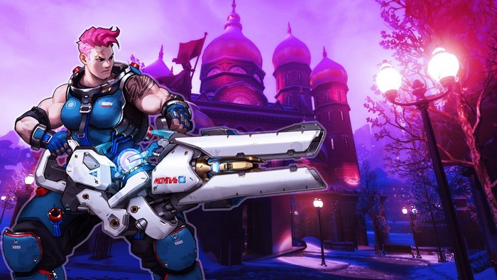 Zarya from Overwatch holding a particle cannon