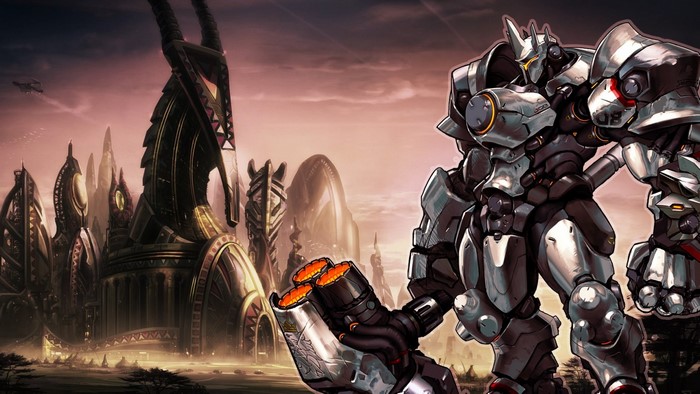 Reinhardt from Overwatch in a futuristic city