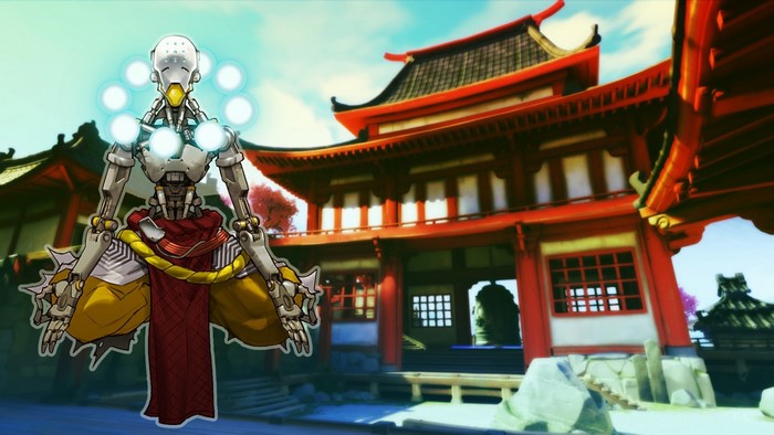 Zenyatta from Overwatch in front of a Japanese temple
