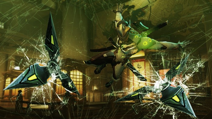 Genji from Overwatch breaking through glass with shurikens