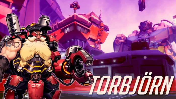 Torbjörn from Overwatch in a futuristic industrial setting