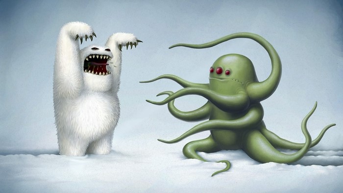 Furry white creature roars at green tentacled alien in snow